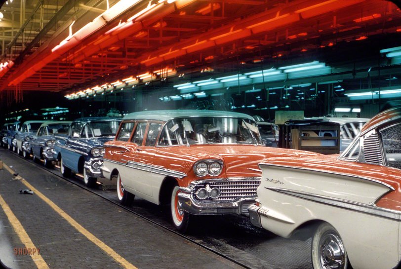 October 1957. "Assembly line with 1958 Chevrolets." 35mm Kodachrome by Phillip Harrington, one of 1,200 photos taken for the Look magazine assignment "GM's 50 Years of Men, Money and Motors." View full size.
