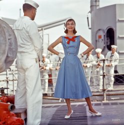 March 1957. "Women on board destroyer U.S.S. Maddox posing with sailors, modeling clothing with a nautical influence." Color transparency from photos by Christa for the Look magazine assignment "The Middy Look -- Summer Clothes Go Nautical." View full size.