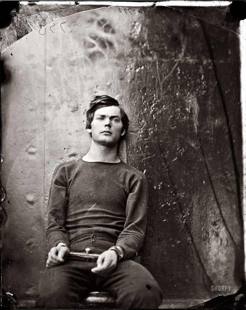 Lewis Payne, seated and manacled, at the Washington Navy Yard about the time of his 21st birthday in April 1865, three months before he was hanged as one of the Lincoln assassination conspirators. View full size. Photograph by Alexander Gardner, probably taken aboard  the ironclad U.S.S. Montauk or Saugus.
