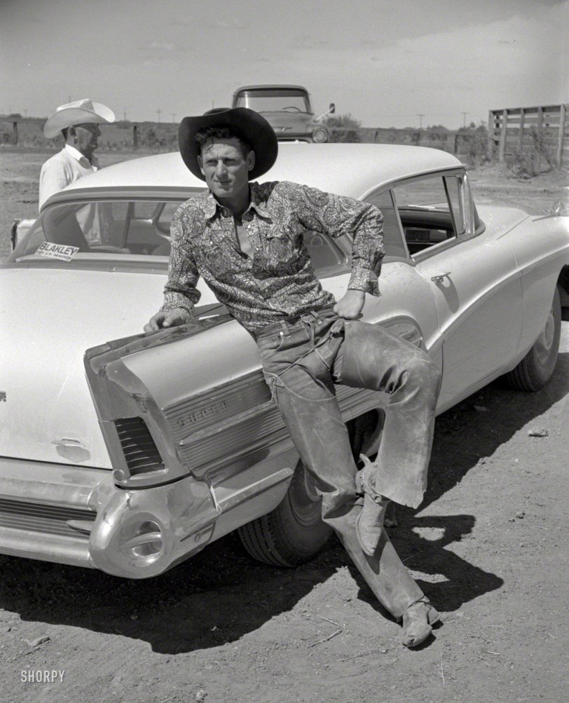 1958. "Photos show life in Texas. Coverage is broad. Among the many subjects covered are ranching, rodeos, the Texas State Fair." Somewhere in there was this buckaroo and his Buick. From photos by Earl Theisen for the Look magazine assignment "Revolution in Texas: Change on the Range." View full size.
