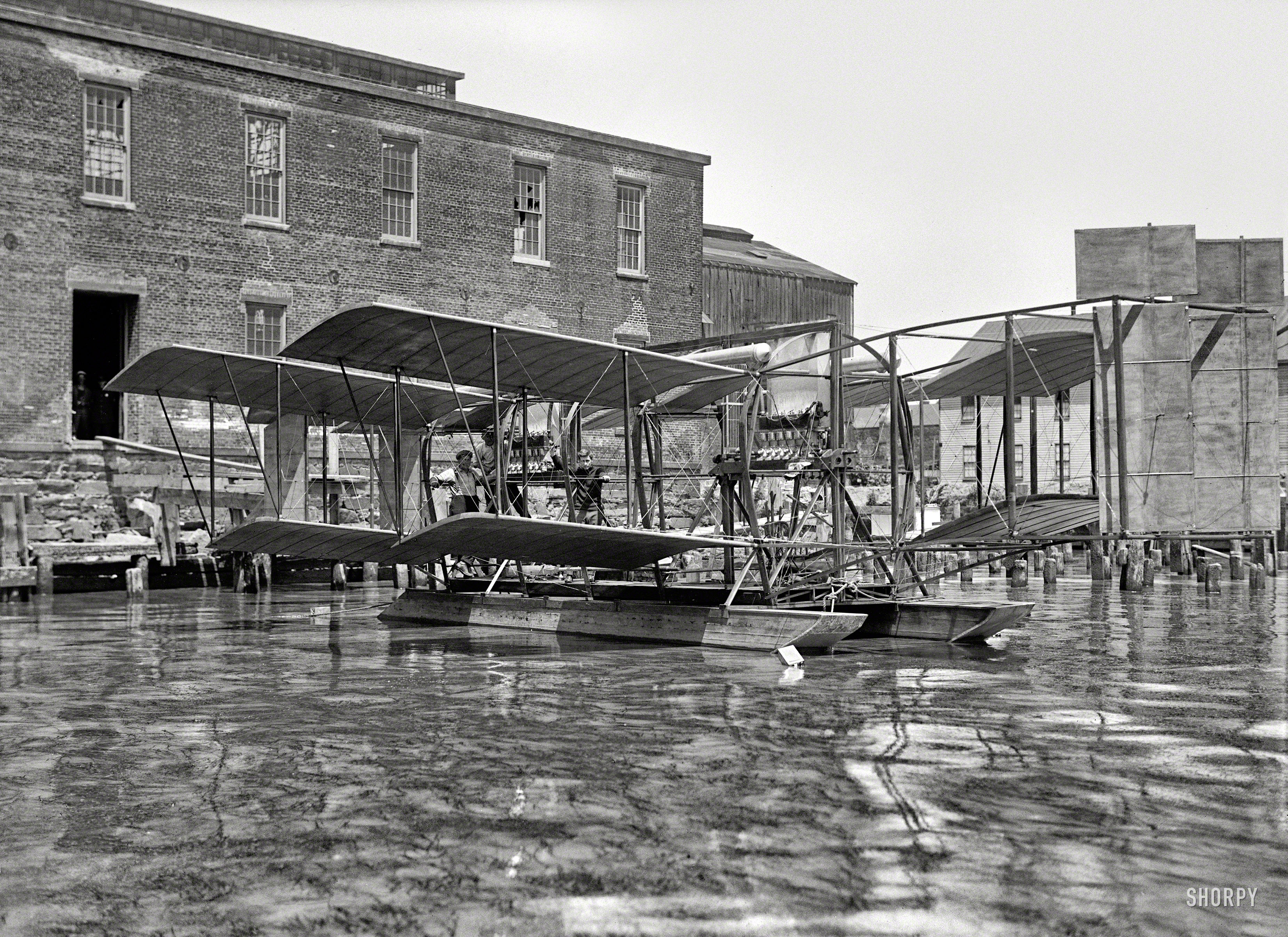 1917. "Langley, Samuel Pierpont. Secretary, Smithsonian Institute. Experimental tandem biplane on Potomac embodying Langley principles." Last seen here. Harris & Ewing Collection glass negative. View full size.