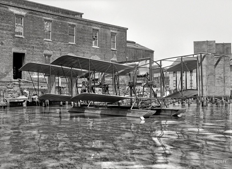 1917. "Langley, Samuel Pierpont. Secretary, Smithsonian Institute. Experimental tandem biplane on Potomac embodying Langley principles." Last seen here. Harris &amp; Ewing Collection glass negative. View full size.
