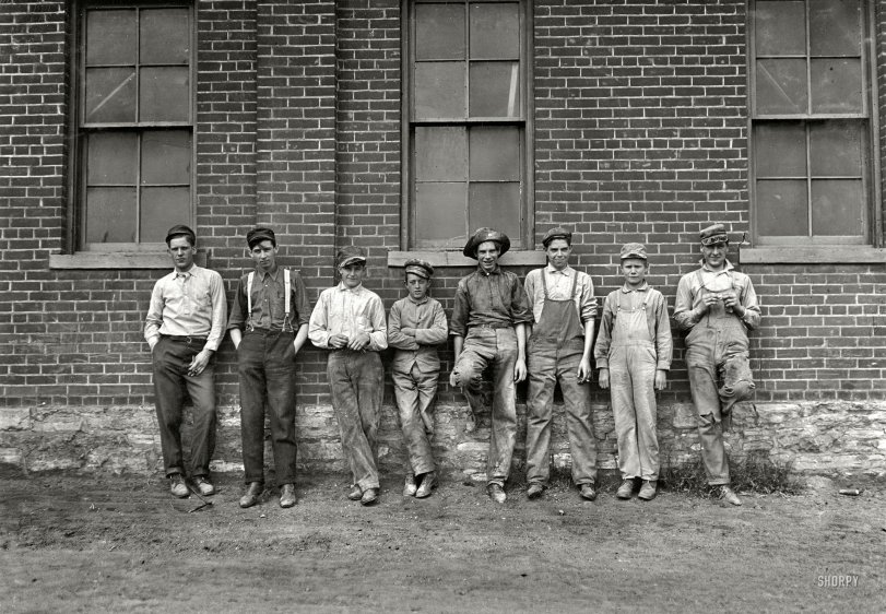 October 1908. Muncie, Indiana. "Noon hour. Muncie Wheel &amp; Jobbing Co. Most of the boys were gone home to dinner." Photo by Lewis Hine. View full size.
