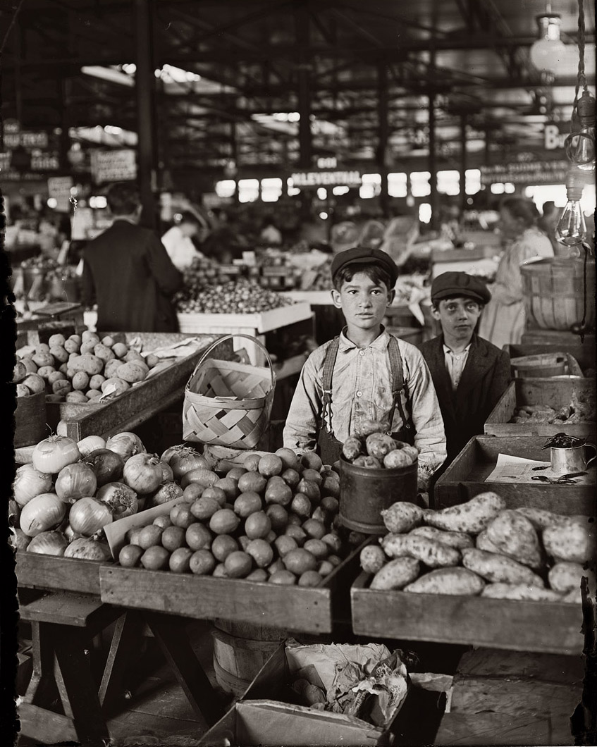 "Fruit Venders, Indianapolis Market, August 1908. Witness E.N. Clopper." View full size. Photograph by Lewis Wickes Hine. Scan from 5x7 glass plate negative.