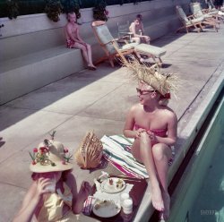 1951. Santa Barbara, California. "Lana Turner lunching by pool at the Coral Casino with daughter Cheryl Crane." Hollywood royalty, mingling with the hoi polloi. Color transparency by Earl Theisen for Look magazine. View full size.