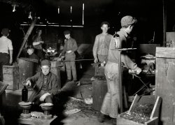 November 1909. Wheaton Glass Works, Millville, N.J. "Day scene in New Jersey Glass House. Boy is Howard ____, 15 years old but has been in the glass works for two years, and has worked some at night." Photo and caption by Lewis Wickes Hine for the National Child Labor Committee. View full size.