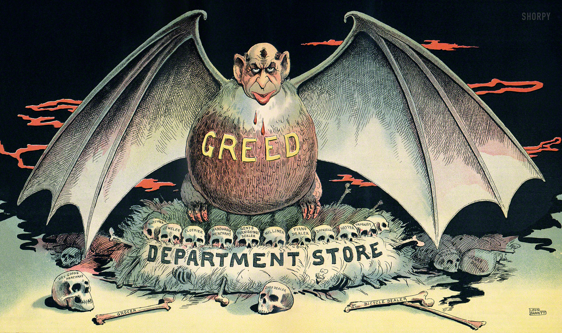 For your Halloween enjoyment we present "The Commercial Vampire," a Leon Barritt cartoon from the July 20, 1898, issue of Vim, a short-lived satirical weekly published in New York. Painting department stores as bloodthirsty predators of small independent businesses, the same argument made today in some quarters against giant retailers like Wal-Mart and Amazon. View full size.