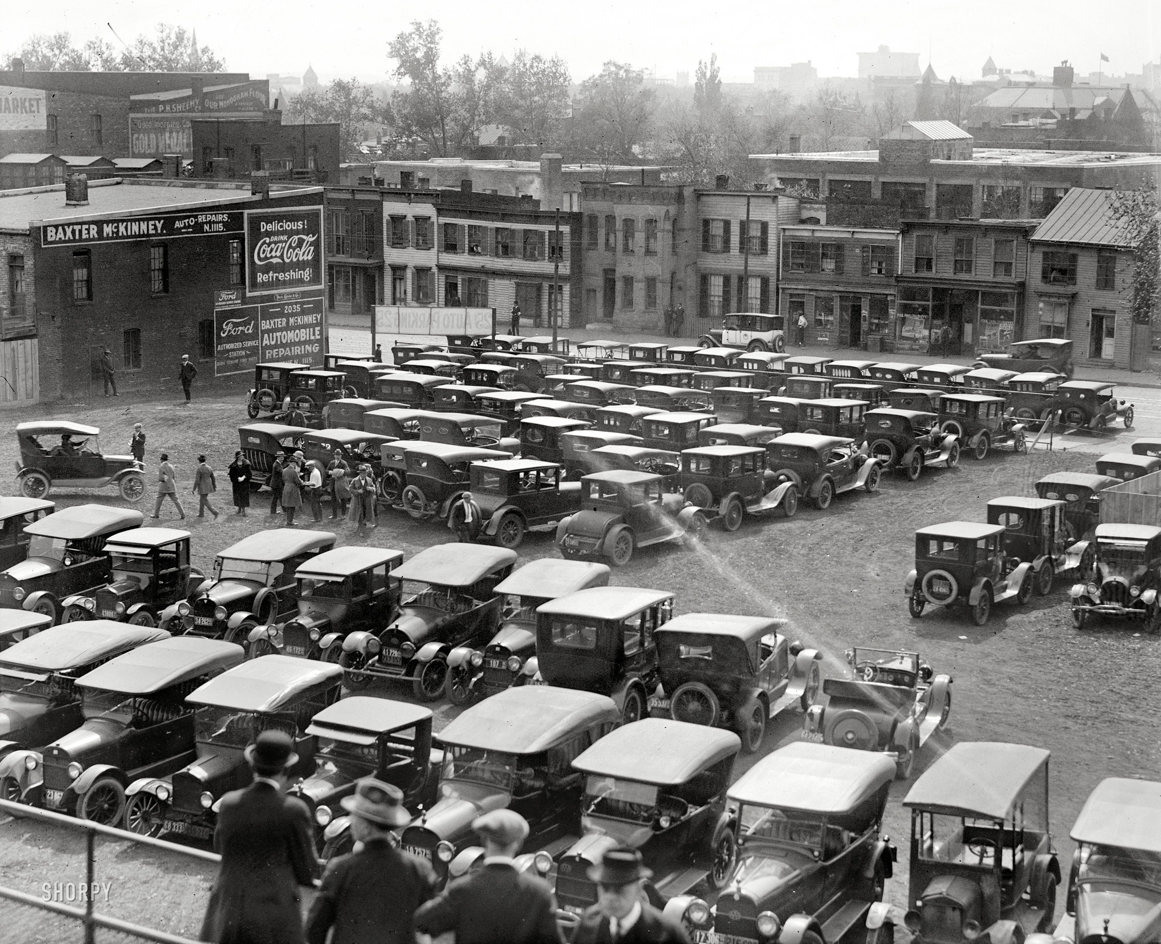 April 26, 1923. Washington, D.C. "Automobiles at ballpark, opening game, Nationals-Athletics." National Photo glass negative. View full size.