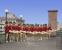Colorized from this Shorpy original. I have been tweaking the color on this one every now and then over the course of a couple of years. The Tiller Girls were forerunners of modern stage dancing, and the Rockettes were one of the resulting dance groups. I feel a very tenuous connection to this picture because someone I barely knew in high school danced for the Rockettes in the mid 1960s. There is a part of my brain that I call the "girl detector". Adding color to the picture really turns up the volume on the "girl detector". View full size.