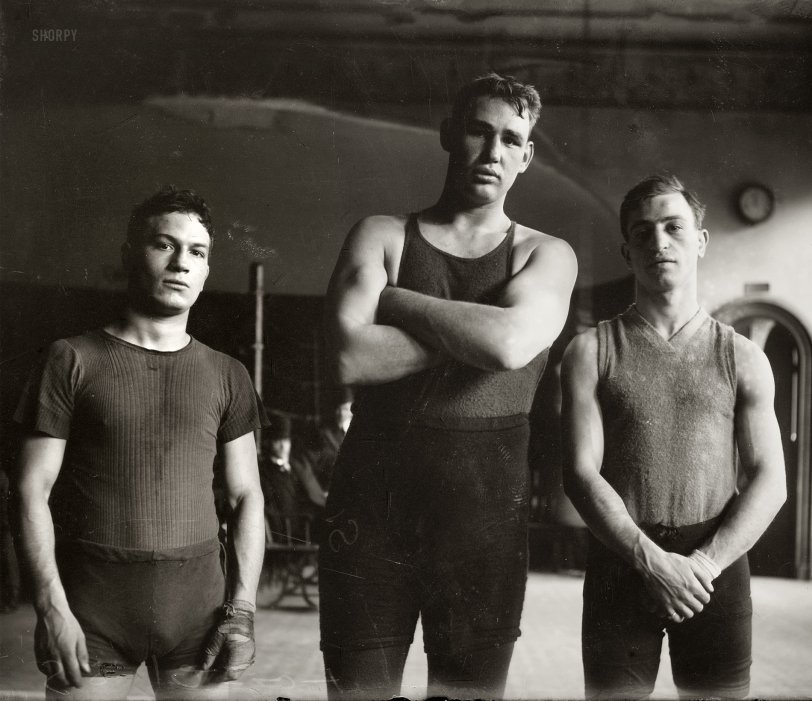 The boxers Louis De Ponthieu, Carl Morris and Leach Cross in 1911. Cross, born Louis Wallach in the Jewish ghetto of the Lower East Side, was also a practicing dentist ("I knock 'em out, then put 'em back in"). View full size.