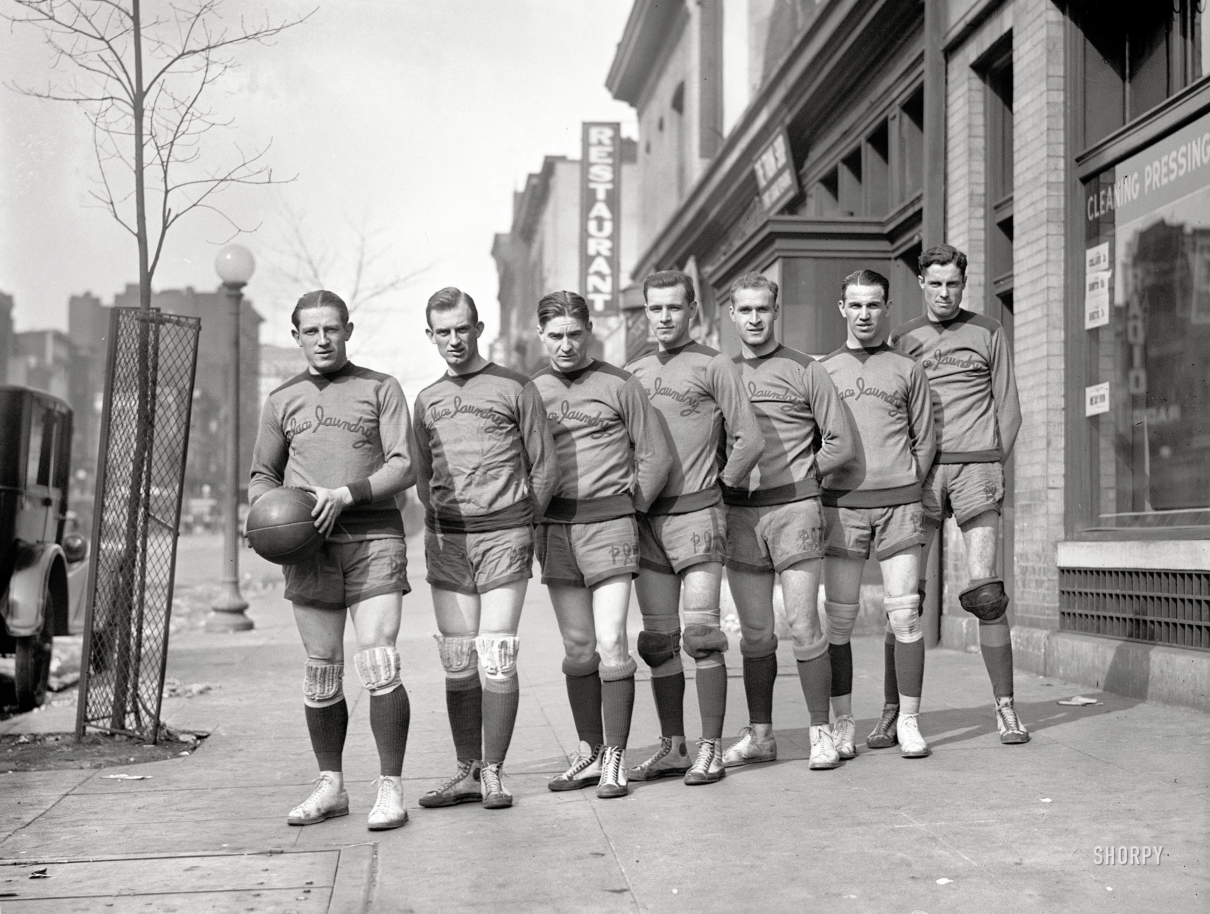 "Palace Laundry, 1924." The following year the team sponsored by this Washington, D.C., laundry became the Palace Club, a franchise of the American Professional Basketball League. National Photo glass negative. View full size.