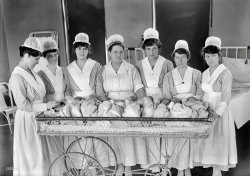 Washington, D.C., circa 1919. "Maternity ward. Nurses with babies." Please have your claim check ready. Harris & Ewing Collection glass negative. View full size.