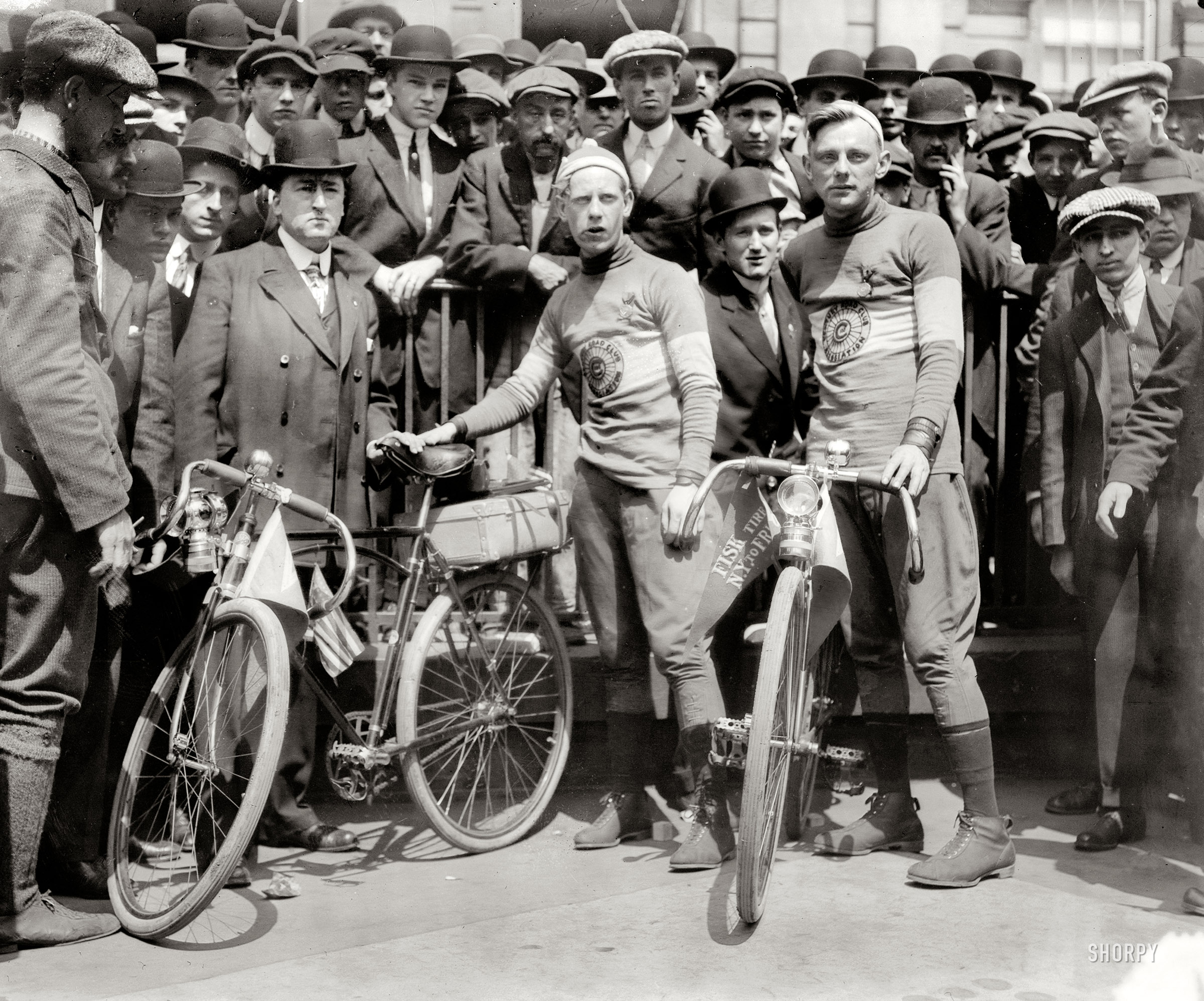 May 3, 1913. "Fred J. Scherer and Walter Wiley at the start of New York to San Francisco bicycle race." Bain News Service glass negative. View full size.