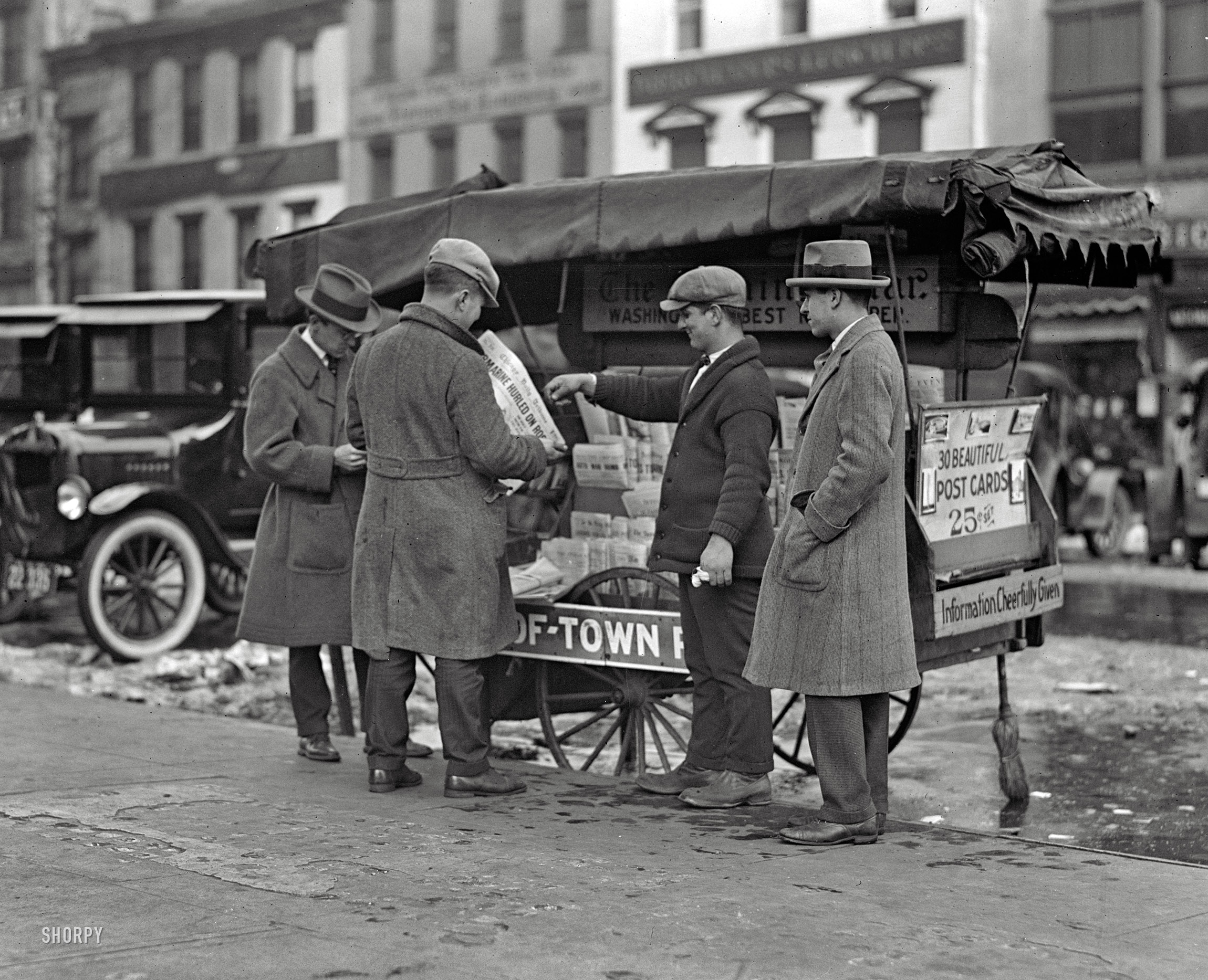 Washington, D.C. "Newsstand, 1925." Out-of-Town Papers, with Information Cheerfully Given. National Photo Company glass negative. View full size.