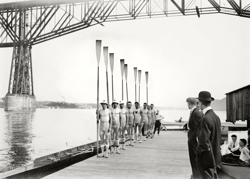 June 1913. Poughkeepsie, New York. "Washington Varsity 8." View full size. George Grantham Bain Collection. So why do some of the rowers in these pictures (above, and also two men here) have bandaged abs ... chafing from where the oars hit? Intra-crew knife fights?
