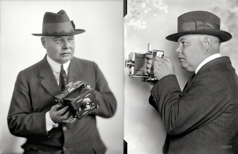 Washington, D.C., circa 1918. "H&amp;E photographer." A conceptual selfie made out of two glass negatives from the Harris &amp; Ewing studio. View full size.
