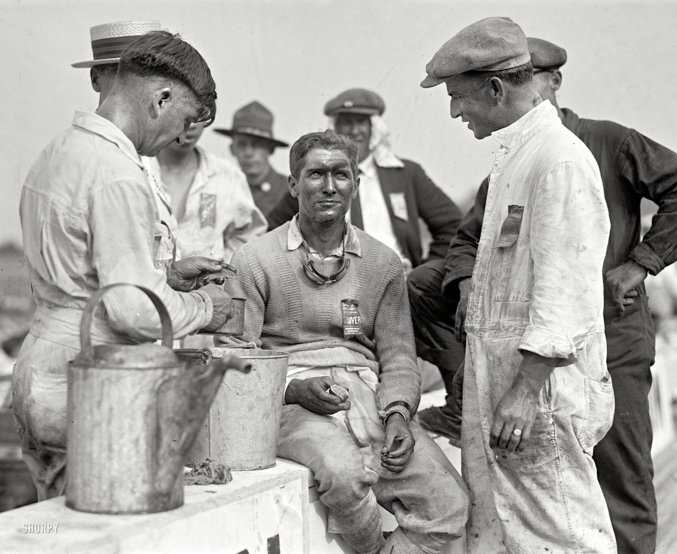 "Bob McDonough, Laurel race." On his ribbon: "Baltimore-Washington Speedway DRIVER. Inaugural Opening. Saturday July 11, 1925." View full size.
