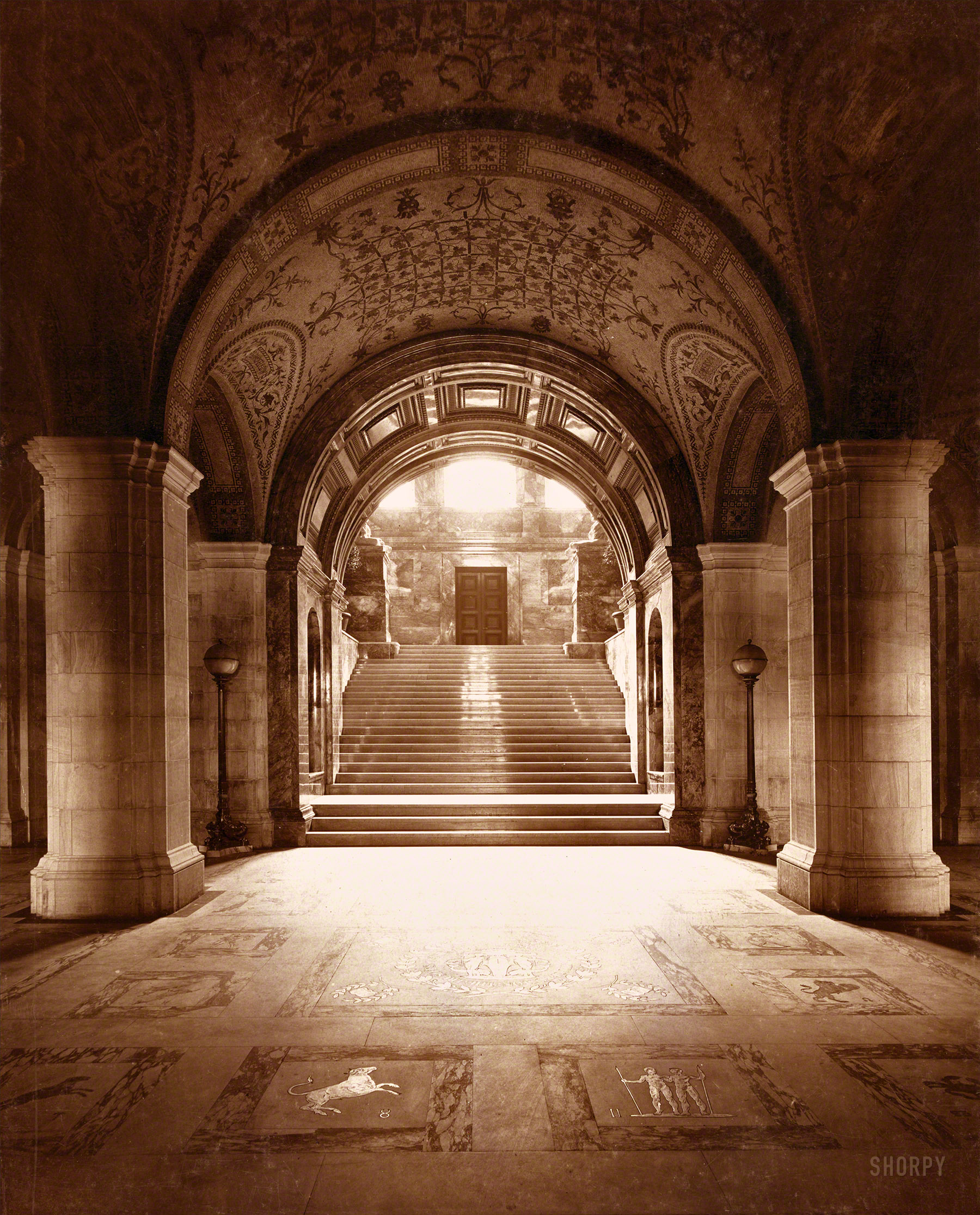 Boston, Massachusetts, circa 1895. "Main entrance, Boston Public Library." Red all over. Photo by Charles Pollock. View full size.
