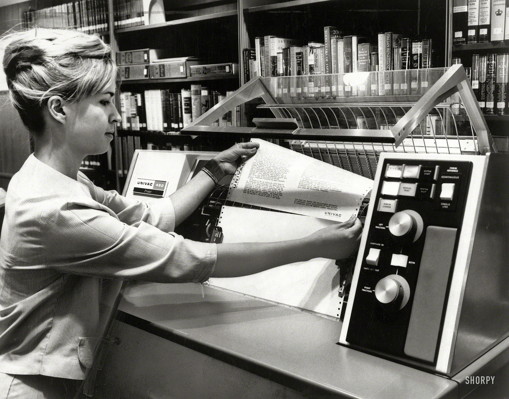 1966. "To the rescue. Many librarians believe computers are the only means to effectively cope with their bulging bookshelves." New York World-Telegram and Sun Newspaper Photograph Collection, Library of Congress. View full size.