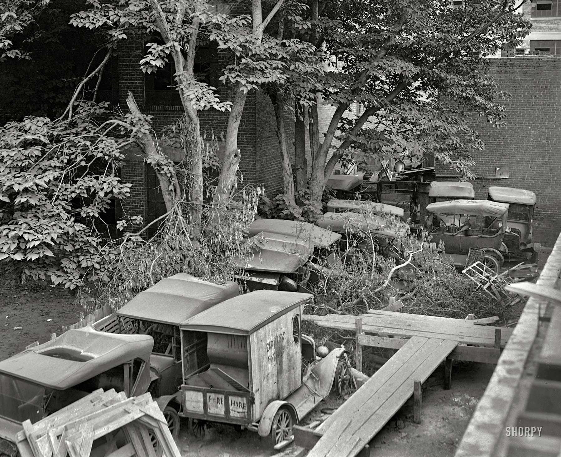 Circa 1926. Continuing our back-alley tour of Washington, D.C. "Ford Motor Co." An urban junkyard. National Photo Company glass negative. View full size.