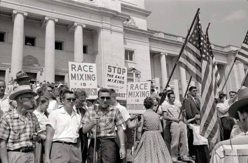 August 20, 1959. There was no Twitter in 1959, but you could carry a sign around. "Little Rock, Arkansas. Rally at State Capitol. Group protesting admission of the 'Little Rock Nine' to Central High School." Photo by John T. Bledsoe. U.S. News &amp; World Report Photograph Collection, Library of Congress. View full size.
