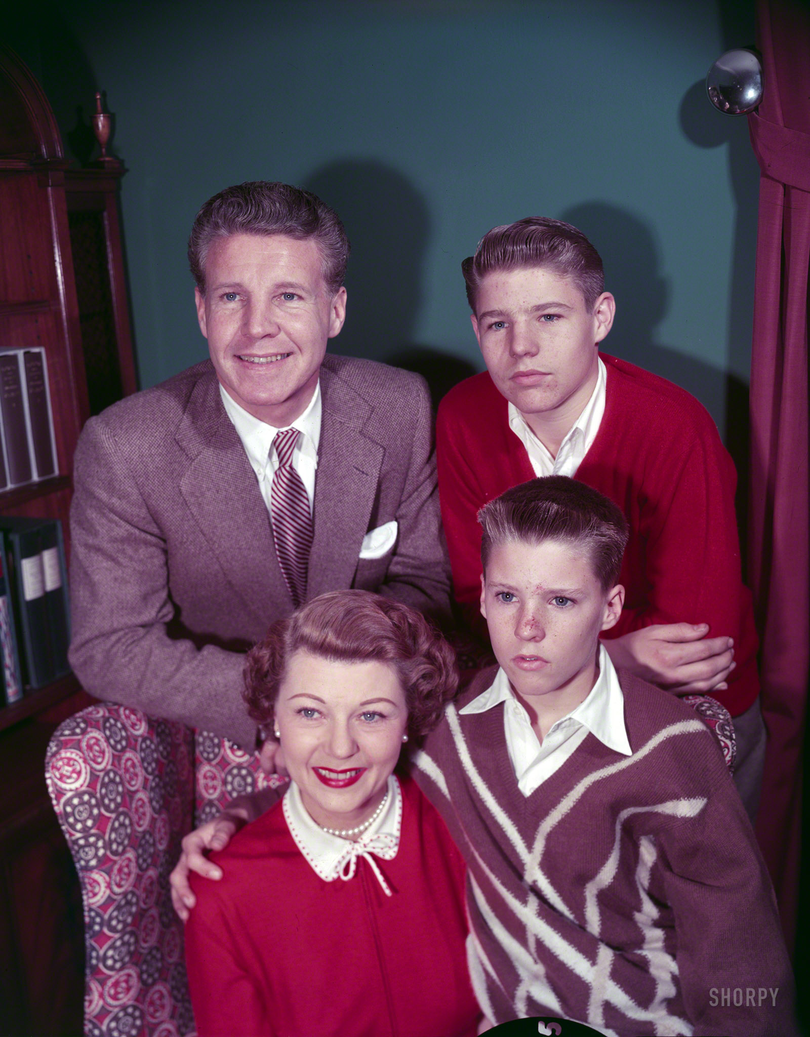 January 1953. "Ozzie, Harriet, David, and Ricky Nelson of  television show The Adventures of Ozzie and Harriet," a sitcom that ran from 1952 to 1966. Color transparency by Earl Theisen for Look magazine. View full size.