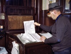 December 1942. "Switch lists coming in by teletype to the hump office at a Chicago & North Western railroad yard, Chicago." 4x5 Kodachrome transparency by Jack Delano for the Office of War Information. View full size.