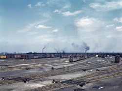Chicago, April 1943. Smoke and boxcars: "General view, classification yard at Chicago & North Western RR's Proviso yard." 4x5 Kodachrome transparency by Jack Delano for the Office of War Information. View full size.