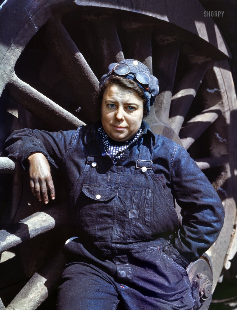 April 1943. "Chicago & North Western R.R. -- Mrs. Dorothy Lucke, employed as a wiper at the roundhouse in Clinton, Iowa." 4x5 Kodachrome transparency by Jack Delano for the Office of War Information. View full size.
