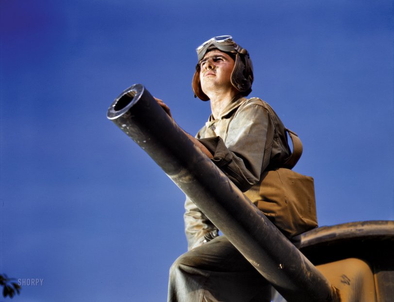 June 1942. "Crewman of an M-3 tank, Fort Knox, Kentucky." Or could it be Fort Dix? Kodachrome transparency by Alfred Palmer for the OWI. View full size.
