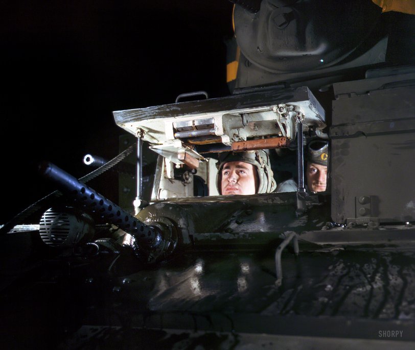 June 1942. "Light tank, Fort Knox, Kentucky." 4x5 inch Kodachrome trans&shy;parency by Alfred Palmer for the Office of War Information. View full size.

