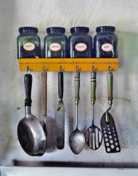 July 1942. "Birmingham (near Detroit), Michigan. Herbs and kitchen utensils in a house in Birmingham." 4x5 inch Kodachrome transparency by Arthur S. Siegel for the Farm Security Administration. View full size.