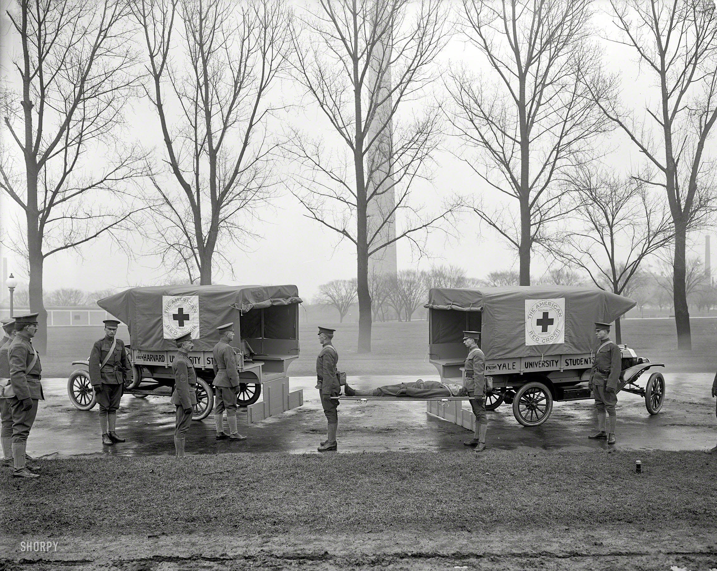 Circa 1919. "Red Cross ambulances at Washington Monument." Courtesy of Yale and Harvard, which had the better letterer. 8x10 glass negative. View full size.