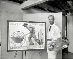 Washington, D.C., circa 1918. "U.S. Department of Labor. Artist with war poster." Gerrit A. Beneker at the easel. Harris & Ewing glass negative. View full size.