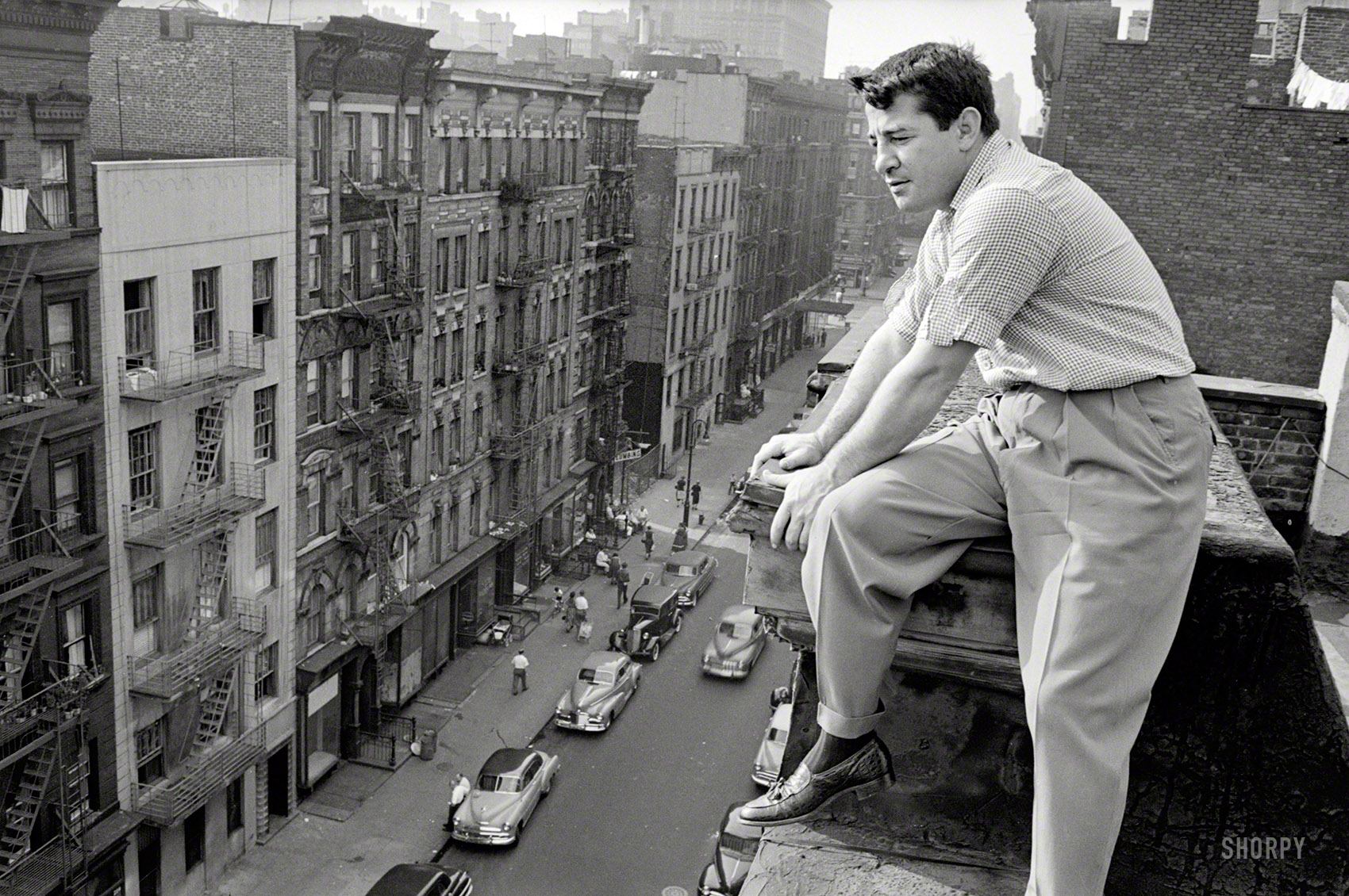 Middleweight boxing champion Rocky Graziano in New York in 1954, photographed by John Vachon and Phillip Harrington for the Look magazine article "The Fight of My Life." View full size.