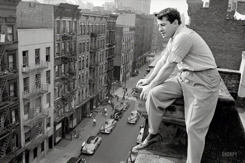 Photo of: Rocky: 1954 -- Middleweight boxing champion Rocky Graziano in New York in 1954, photographed by John Vachon and Phillip Harrington for the Look magazine article 