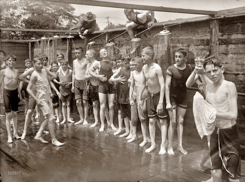 July 16, 1917. Peekskill, New York. "Boys' shower, State Camp for Field Training." 5x7 glass negative, George Grantham Bain Collection. View full size.
