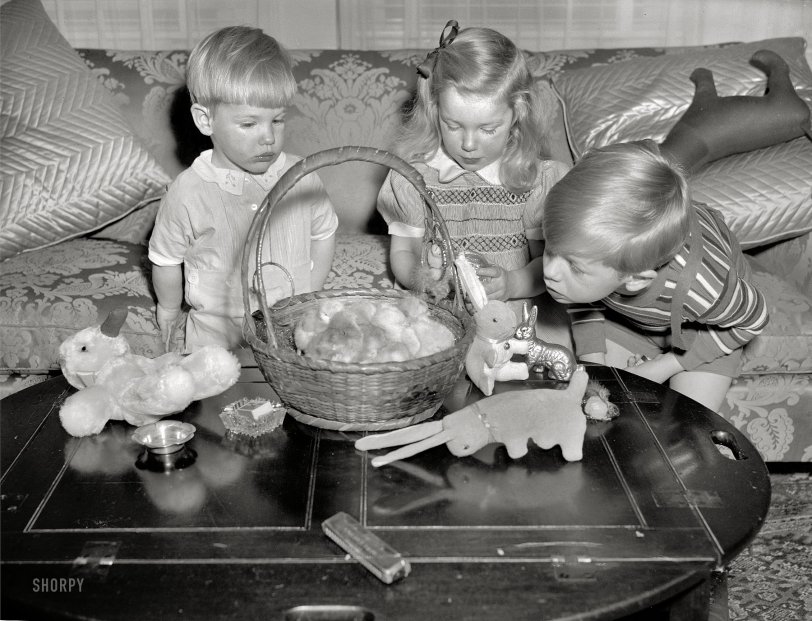 April 5, 1939. Washington, D.C. "Children of the Secretary of War and Mrs. Harry H. Woodring were given a preview of what to expect from the Easter Bunny on Sunday. The children, Cooper, Melissa and Marcus Coolidge, are expected to roll their eggs at the White House on Easter Monday."  View full size.
