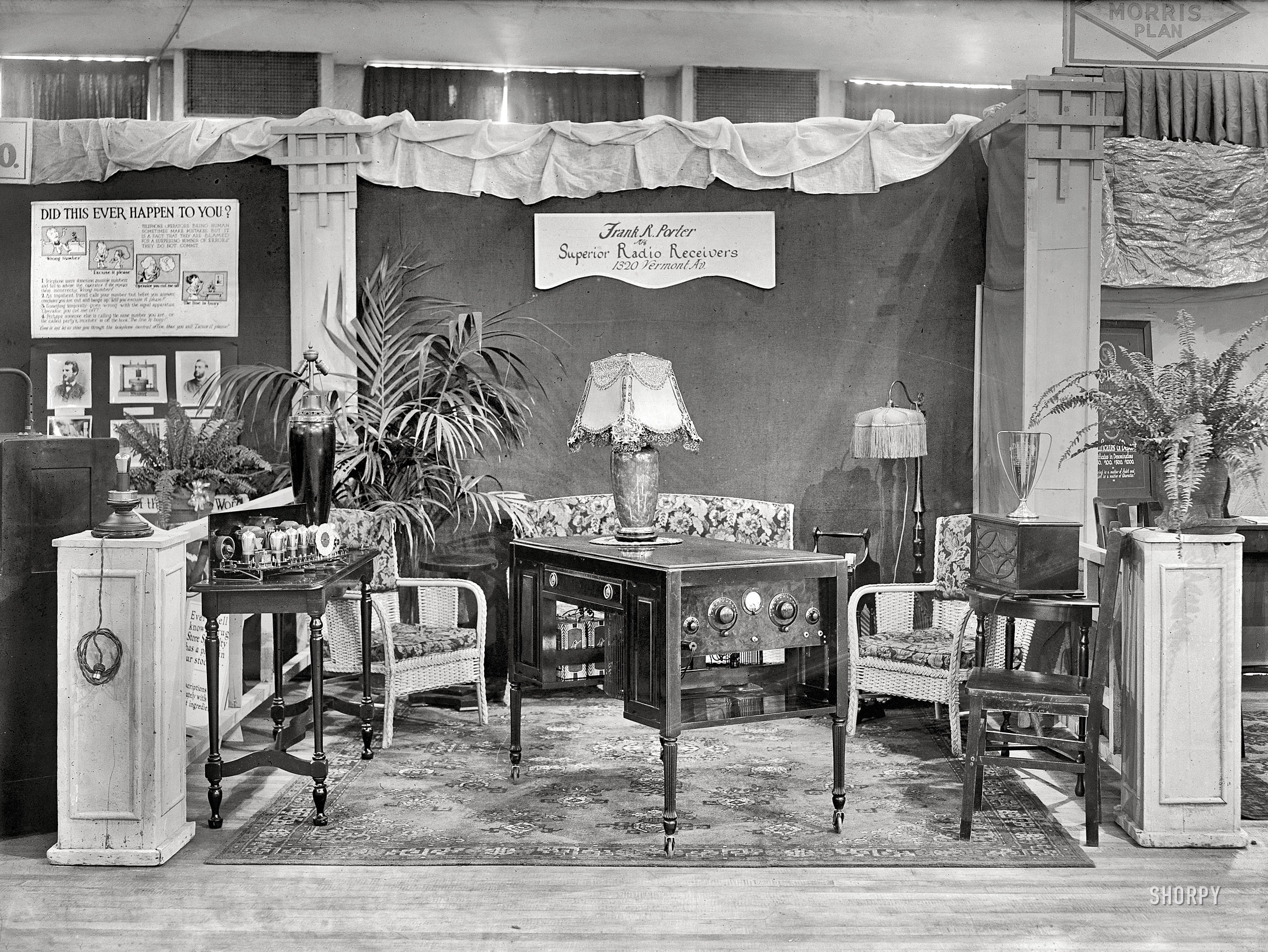Washington, D.C., 1926. "Industrial Exposition. Frank R. Porter -- booth at auditorium." With neighboring displays on telephone etiquette and the Morris Plan Bank. National Photo Company Collection glass negative. View full size.