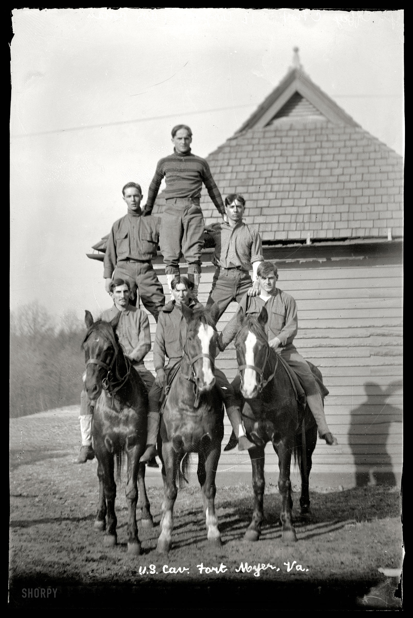 Fort Myer, Virginia, circa 1914. "U.S. Army Cavalry horse stunts. Cpl. Coffey, C Troop." National Photo Company Collection glass negative. View full size.