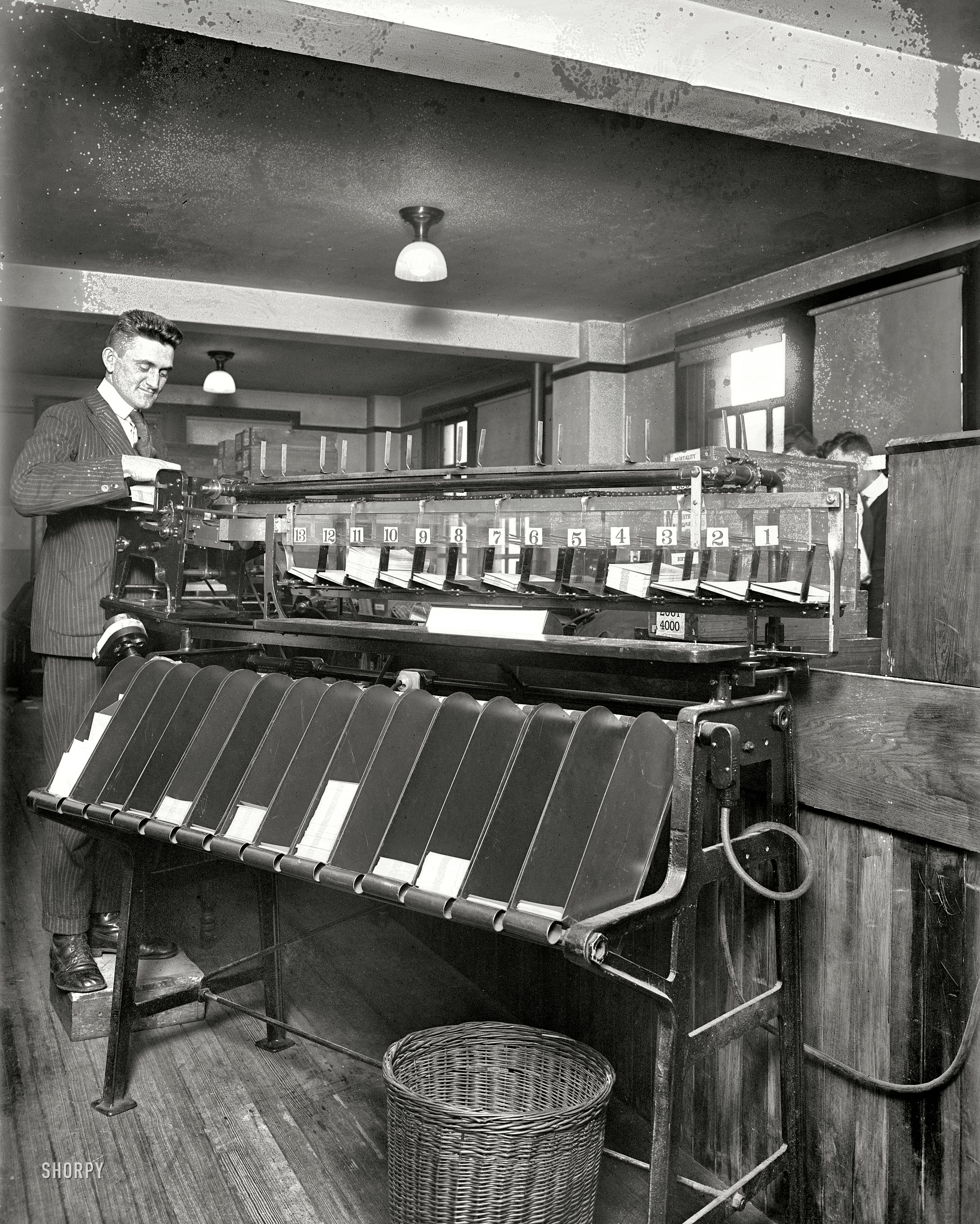 December 1919. Washington, D.C. "Sorting machine, U.S. Census." Getting ready to tabulate the 1920 Census. Under-height operators will please furnish their own boxes.  National Photo Company Collection glass negative. View full size.