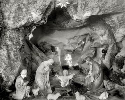 A circa 1920 Nativity scene labeled "Calvo, Miss." Note the light bulb. National Photo Company Collection glass negative. View full size.