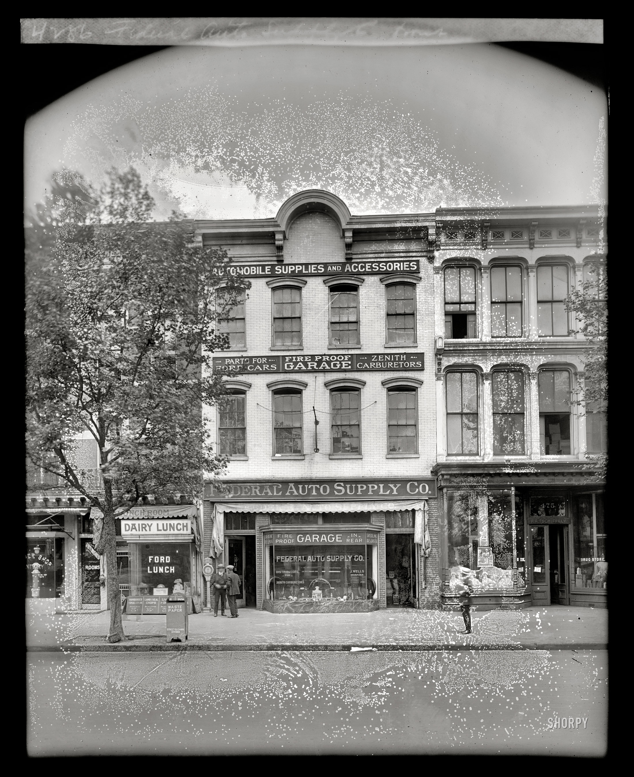 Washington, D.C., circa 1920. "Federal Auto Supply front, Penna. Ave. N.W." Fireproof, but not mold-proof. These Pennsylvania Avenue addresses (seen here in an earlier post) are long gone, but the Tschiffely Pharmacy lives on at three other locations. National Photo Company glass negative. View full size.