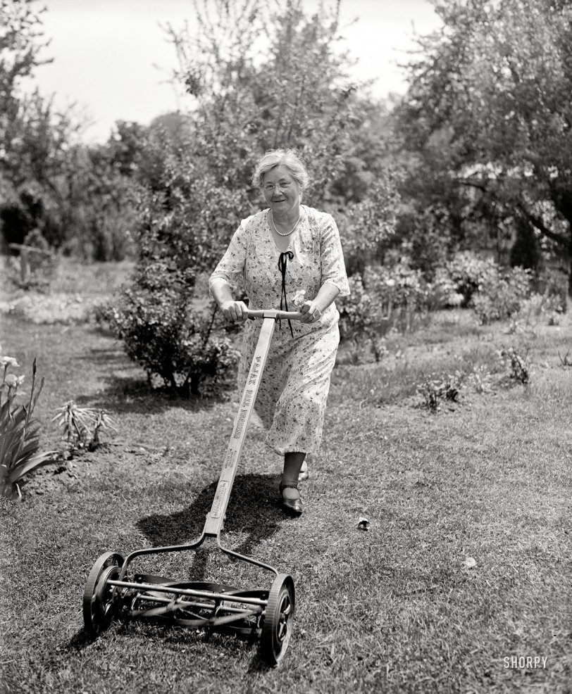 The caption label has fallen off this Harris &amp; Ewing glass negative, so we can invent our own: "Circa 1930s. Possibly notable lady trims lawn in or around Washington, D.C., with Ajax Ball Bearing reel mower." View full size.
