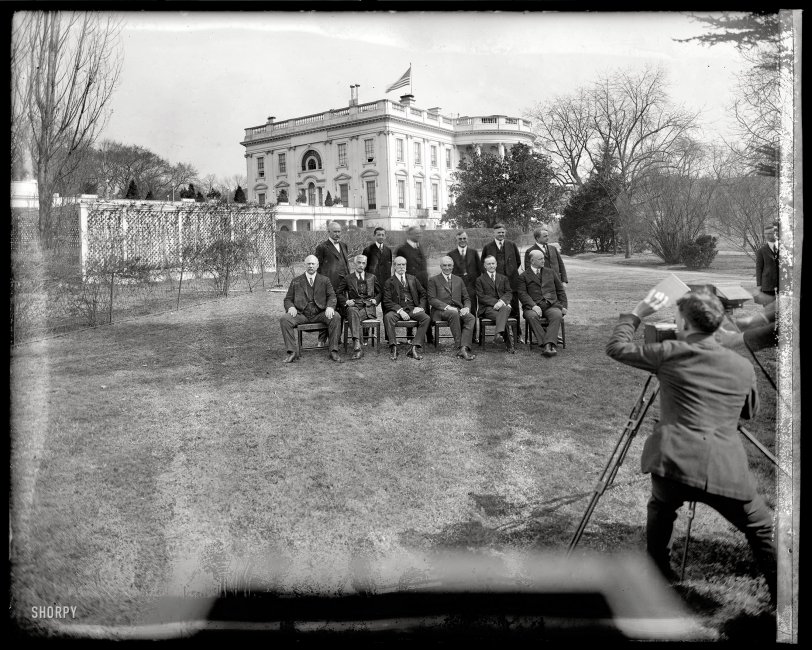 Washington, D.C., 1921. "Harding Cabinet group." Warren Harding, Vice President Calvin Coolidge and members of the new president's Cabinet at the White House. National Photo Company Collection glass negative. View full size.
