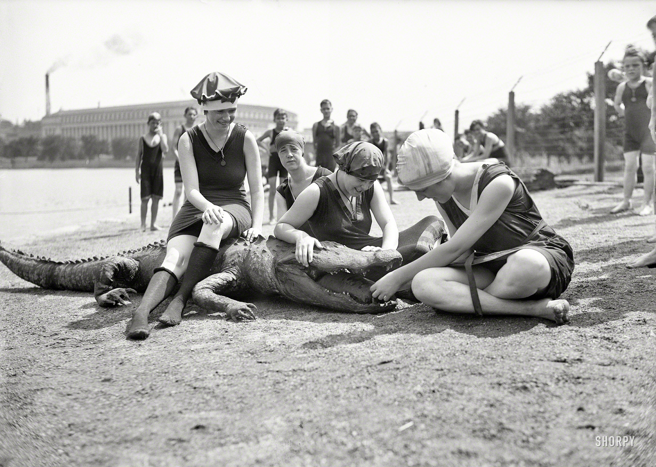 Washington, D.C., circa 1924. "Tidal Basin bathing girls." As a hatchling growing up in South Florida, one of my first wildlife safety lessons was: Do not let the bathing-girl put her hand in your mouth. Because you never know where it's been. Harris & Ewing Collection glass negative. View full size.