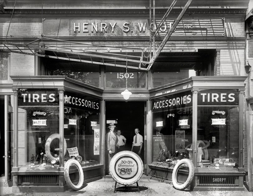 Washington, D.C., circa 1921. "Potomac Garage -- Mr. Frederick S. Lightfoot." The Henry Wood tire and auto accessory emporium on 14th Street N.W. National Photo Company Collection glass negative. View full size.
