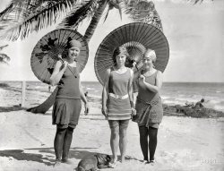 Miami circa 1923. "Mrs. F.H. Lockwood and Miss Joy Welford of Asheville, Mrs. G.M. Blaker." National Photo Company Collection glass negative. View full size.
If they only knewThese girls probably never dreamed that in just 88 short years, the beach attire would change from this ensemble of caps, shoes, stockings, shorts and a dress to the briefest of coverings equal to two bandages and a Post-it Note.
&quot;Joy&quot; does not look very joyfulBut she should be happy that at least she isn't wearing those black tights and shoes her friends have on at the beach. I am not a fan of the oh so skimpy bathing suits gals wear today but I would REALLY not want to wear what these gals had to put on either, although I could get fond of a such a cute little dog and a parasol sporting what looks like Micky Mouse ears.
NiceThe girl in the center of this pic is quite attractive. Yet it's so odd to realize "she's dead by now" when looking at it.
No beads?
Must have just arrived.
Little dogis a Boston terrier, one of the most popular breeds in America at the time.  However, it was called a Boston Bulldog then!
Bare feet in the sandI think Joy looks quite comfortable, with her bare feet and legs.  Those bathing suits didn't bind anywhere, but still covered enough to be comfortable, even if you were over 120 pounds. My grandmother turned 15 that summer.  I wonder if she had a bathing suit similar to these? 
I bow down toWhoever invented Spandex.
PrudismYou have to realize that women's dress had changed radically in a very short time when this photo was taken. The gal in the middle has  bare shoulders, and bare legs, and very casual, loose hair. This relaxed display of skin would have been scandalous just a few years earlier. It's as great a change as going from 1923 to string bikinis today. But for Europeans public nudity at the beaches and even parks is commonplace, including entire families of three generations. So, we are still rather prudish compared to them.
I quite like it.I think there's too much flesh on display lately, and I'm a card-carrying hedonistic liberal. Less is more, in my opinion. 
(The Gallery, Dogs, Florida, Miami, Natl Photo)