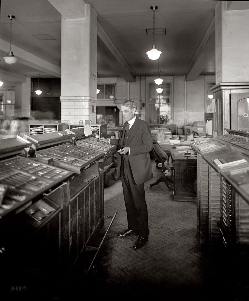 Washington, D.C., circa 1924. "Senator Capper of Kansas." Arthur Capper, a printer and newspaper editor by profession, in the composing room of the Government Printing Office. National Photo Co. glass negative. View full size.
