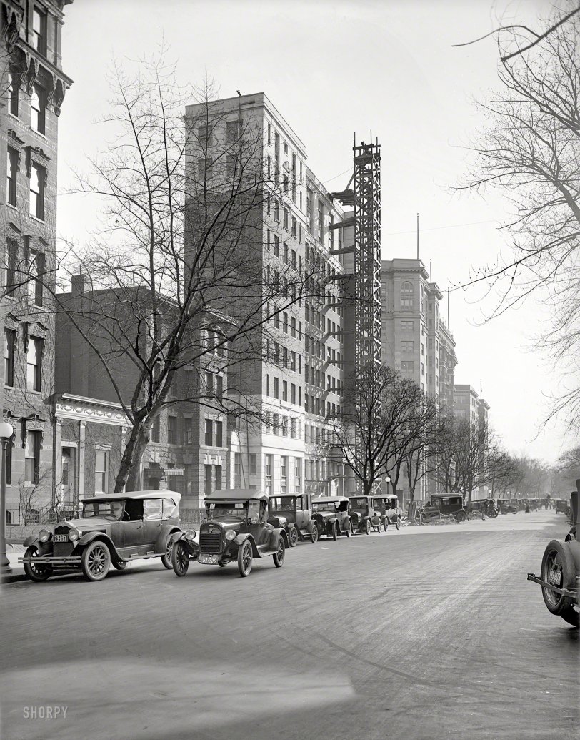 "Street, Washington, D.C., 1925." Who'll be the first to identify this wannabe skyscraper? [Answer: The Vermont Building, on Vermont Avenue at L Street.] National Photo Company Collection glass negative. View full size.
